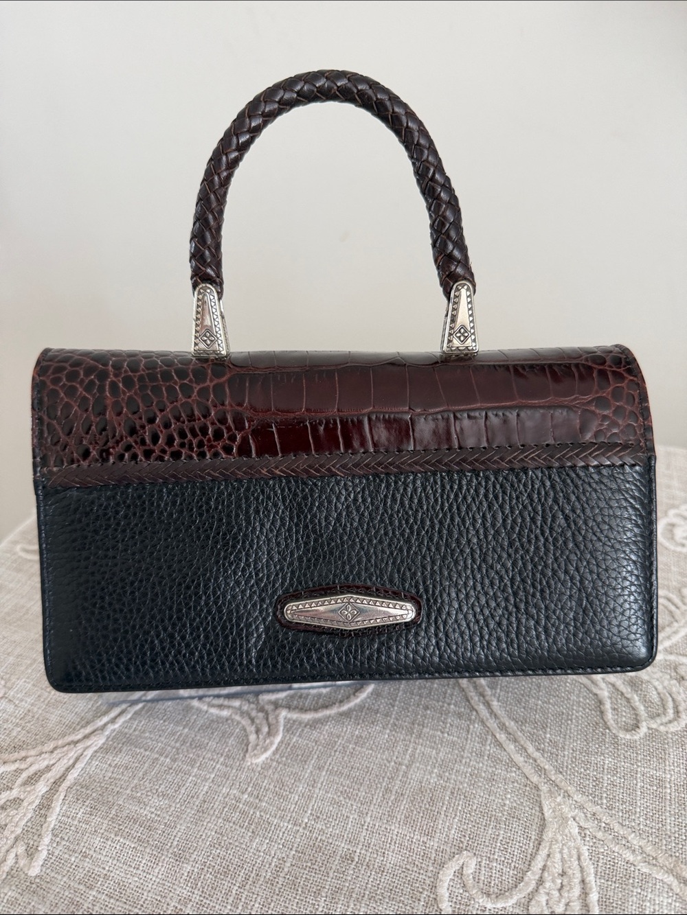 Brighton Black and Dark Brown Croc-Trim Organizer Crossbody/Top Handle Bag